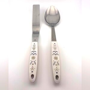 Vintage, Serving Spoon and Spatula with Flower Wheat Handle by Flint, Set of Two